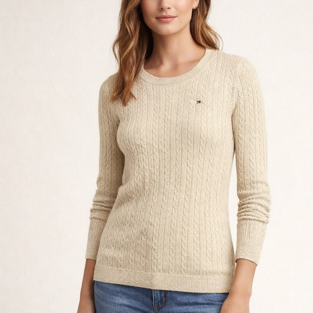 Tommy Hilfiger Women's Beige Sparkle Cable Knit Sweater